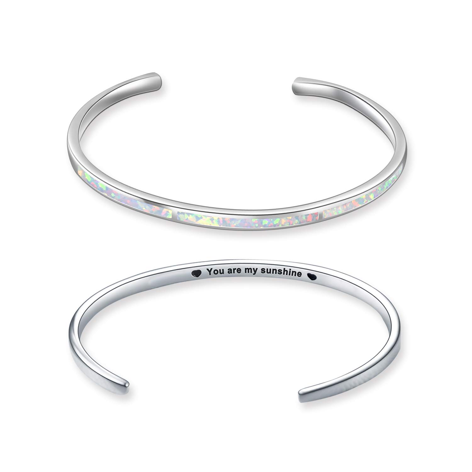 WINNICACA October Birthstone Bracelet Sterling Silver Created White Opal Adjustable Cuff Bangle Jewelry Gifts for Women Birthday,Engraved 'You are my sunshine' in the back of the Bracelet