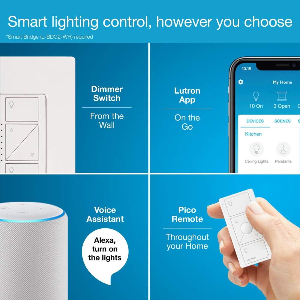 Lutron Caseta Smart Home Dimmer Switch, Works with Alexa, Apple HomeKit, and the Google Assistant | for LED Light Bulbs, Incandescent Bulbs and Halogen Bulbs | PD-6WCL-WH | White - - 