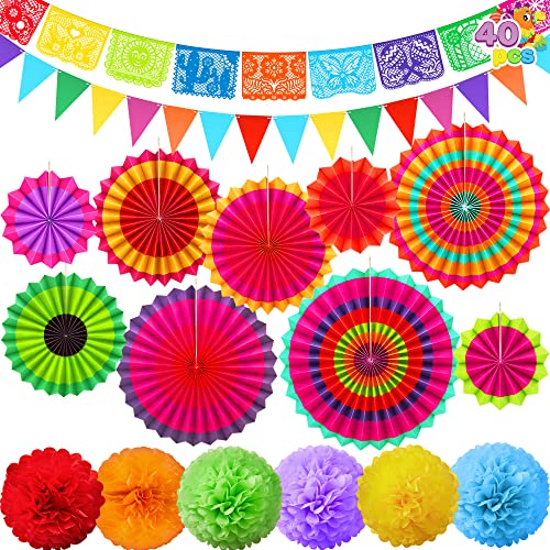 JOYIN Fiesta Paper Fan Party Decorations Set, 40 PCS Cinco de Mayo Themed Party Decoration, Hanging Paper Fans, Pom Poms Flowers, Garlands String Polka Dot, Triangle Bunting Flags
