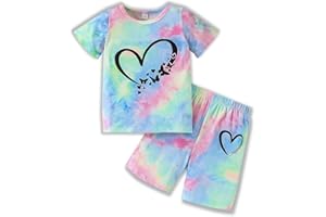 GOLLUNER Kids Girl Clothes Tie Dye Heart Print Short Sleeve Top and Shorts Toddler Girl Summer Outfits Short Set
