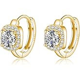 SLUYNZ 925 Sterling Silver Halo Simulated Diamond Hoop Earrings for Women Teens Sparkly CZ Huggie Earrings Square Cubic Zirconia Hoop Earrings