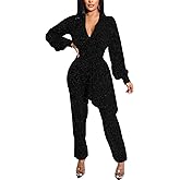 DinyIn Women's Sparkly Jumpsuits Clubwear One Piece Deep V Neck Long Sleeve Pants Rompers with Belt