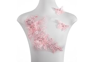 FixrWre Flower Pearl Fabric Rhinestones Beaded Lace Applique,3D Butterfly Embroidered Lace Patch for Clothes,Dress (Pink)