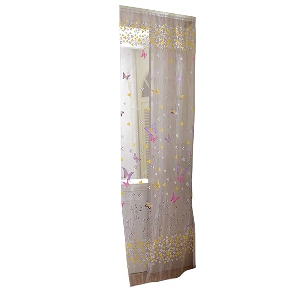 VORCOOL Transaprente Voile Vorhänge, Schmetterling Tür Fenster Dekoschal Blumen Muster Gardine für Wohnzimmer Schalfzimmer - 