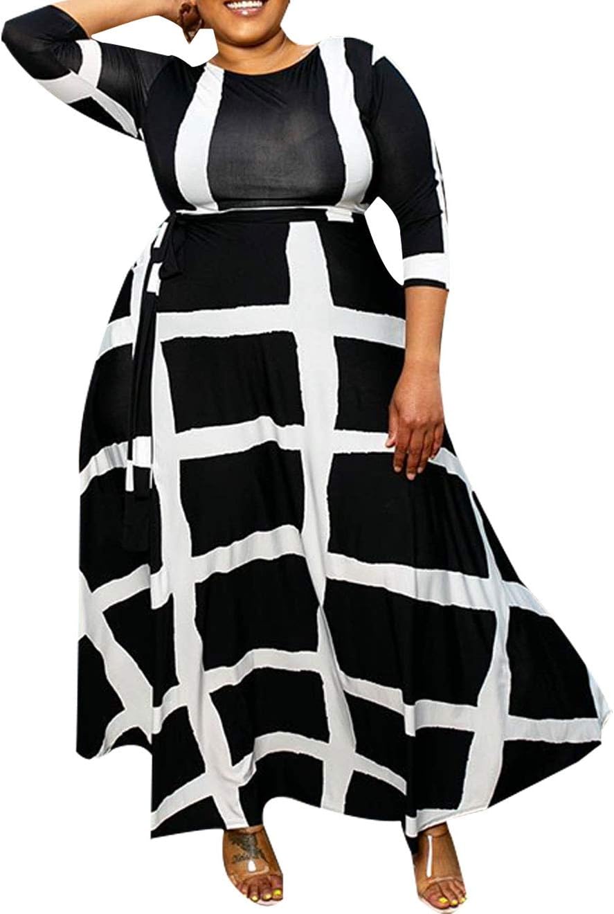 VERWIN Plus Size Floor-Length Print Half Lantern Sleeve Floral Women's Maxi Dress Expansion Dress