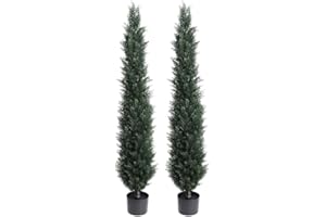 momoplant Artificial Topiary Cedar Outdoor Uv Resistant, 5.5 Foot Faux Cypress Toparies Trees 67 Inch Fake Plant【2 Pack】 with Black Pot