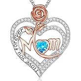 CCJM Rose Birthstone Gifts for Mom, S925 Sterling Silver Rose Heart Pendant Birthstone Necklace Mothers Day Valentines Day Christmas Birthday Jewelry Gifts for Mom