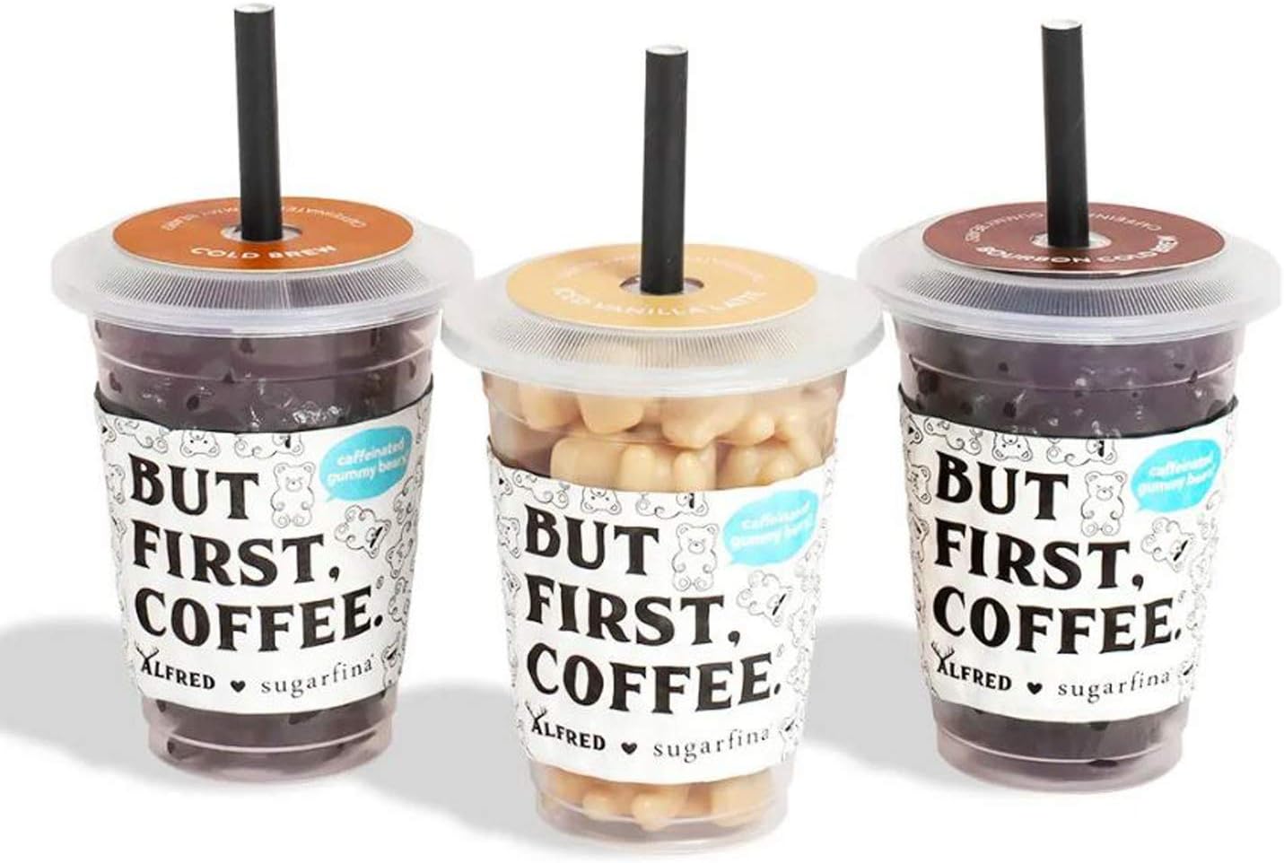 Sugarfina Alfred Cold Brew Coffee Gummy Bears 3 Mini Cups! 3 Flavors Iced Vanilla Latte, Bourbon Cold Brew and Cold Brew Coffee! Tasty And Chewy Coffee Candy! Non-GMO, Gluten Free And Fat Free!