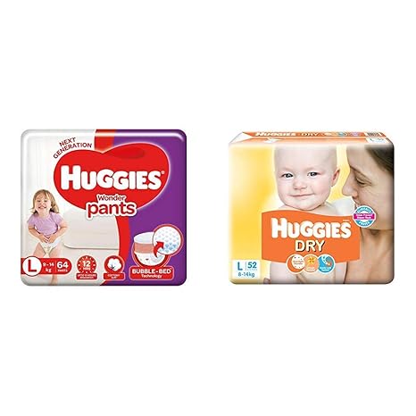 Huggies Wonder Pants Diapers, Large (Pack of 64) & Huggies New Dry Diapers, Large (Pack of 52)