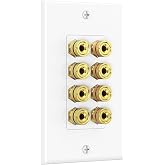 Cable Matters Speaker Wire Wall Plate, 8 Posts for 4 Speakers, White | Gold-Plated Binding Posts, Banana Plug Compatible, for Home Theater Wiring, Low-Voltage Installation