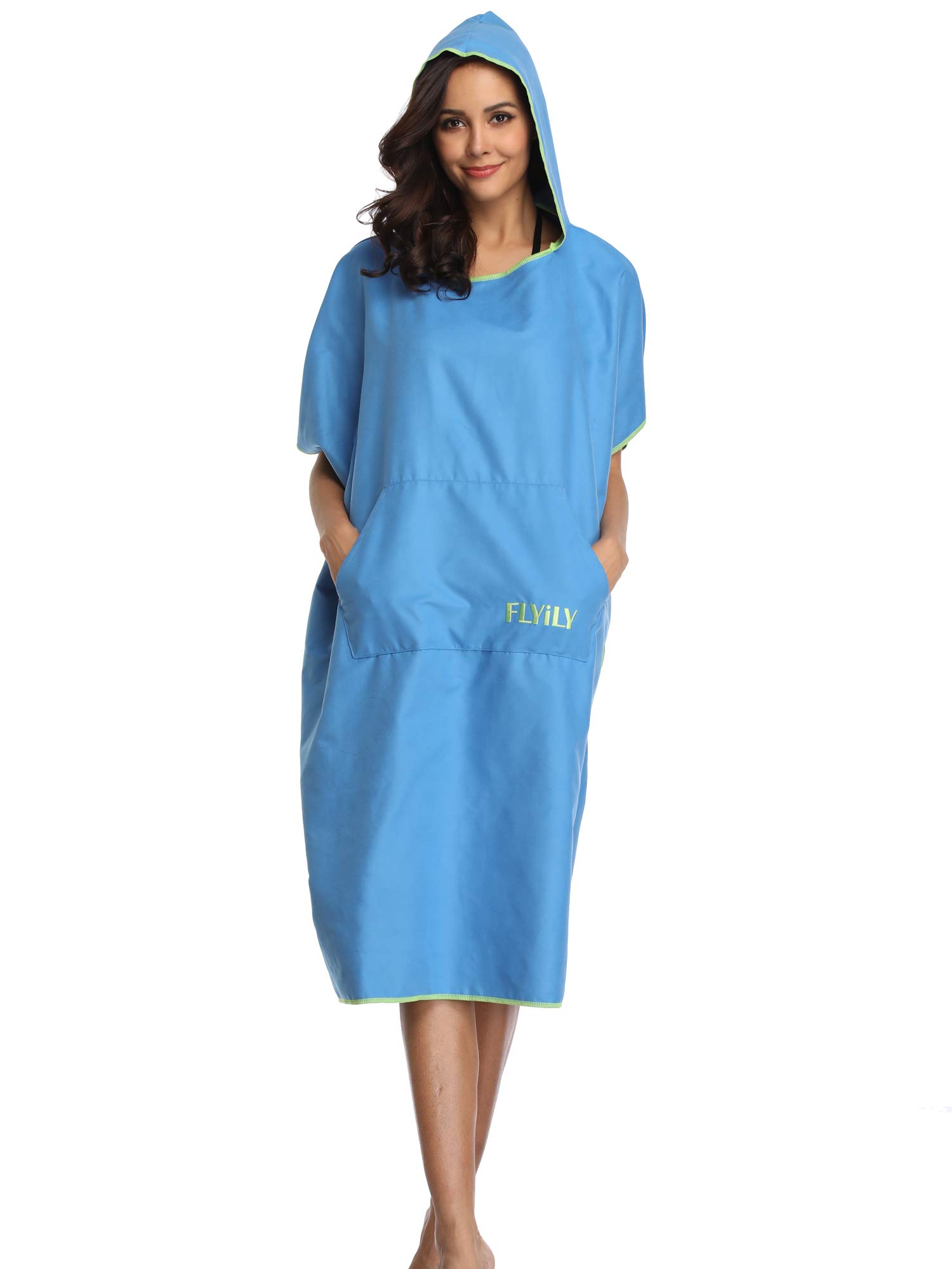 FLYILY Microfibre Surf Poncho Towel with Hood Bath Robe for swimming and beach changing One Size Fit All adults(Blue,L)