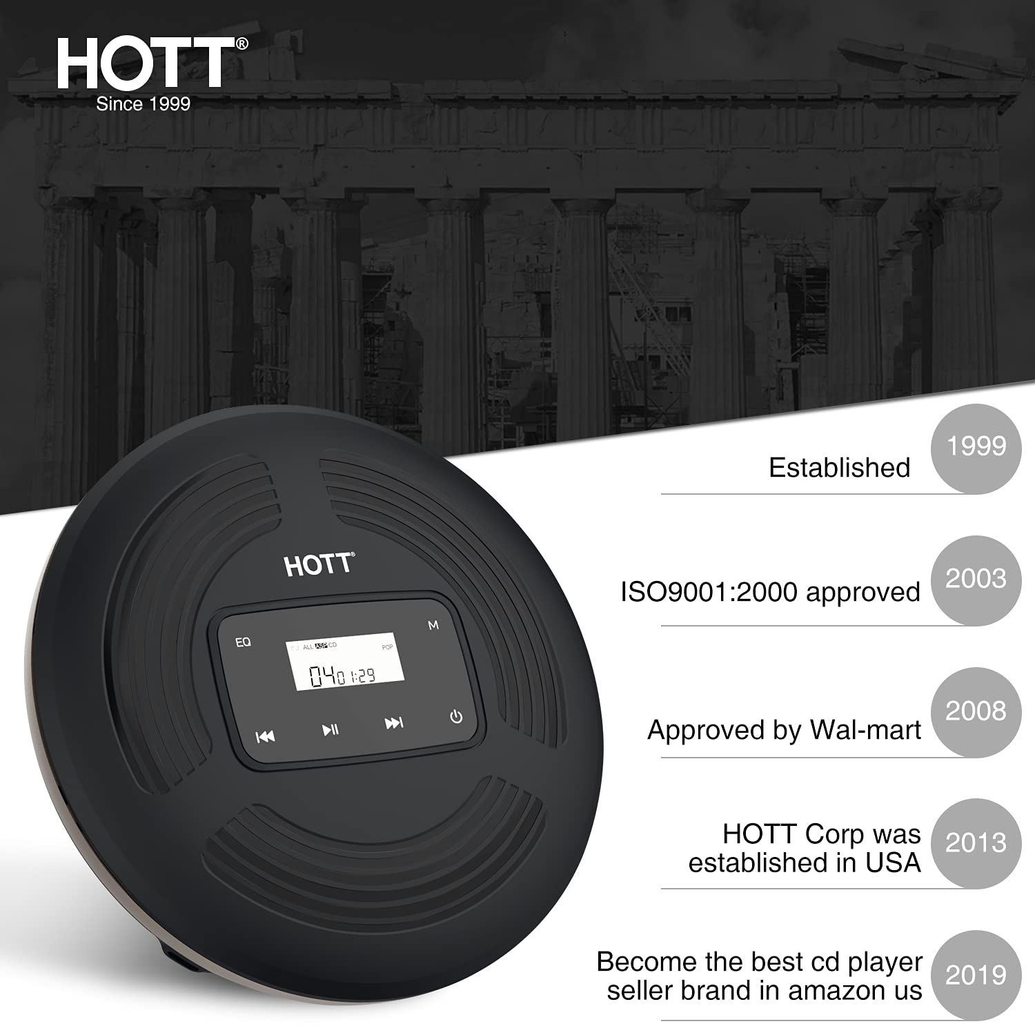 HOTT CD903 CD Player Portable Rechargeable with Auto Resume Anti-Shock Touch Buttons and Backlight Display Personal Walkman CD Player with Headphones- Black