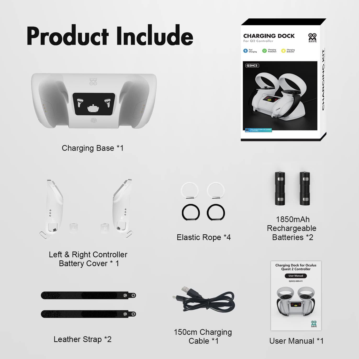 Charging Dock for Quest 2, Charging Stand with LED Light for VR Headset and Controllers, with 2 Rechargeable Batteries, Type-C Charging Cable, 2 Touch Controllers Straps
