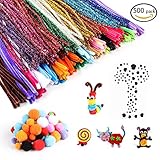 500 Pieces Pipe Cleaners Set, Including 300 Pcs 26 Colors Chenille Stems, 100 Pcs 6 Size Wiggle Googly Eyes and 50 Pcs Pom Poms for Craft DIY Art Supplies
