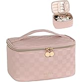 Prite Makeup Bag, Large Capacity Portable Travel Cosmetic Bag, Waterproof Makeup Organizer for Women with Handle and Divider (001 Checkered Pink)