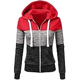 Newbestyle Hoodies for Women Color Block Hooded Sweatshirt Basic Zip-Up Jersey Jacket Long Sleeve Top with Pockets Plus Size