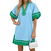 Wenrine Womens Summer Mini Dress Puff Sleeve Casual V Neck Color Block Side Slit Loose Shirt Dresses with Pockets