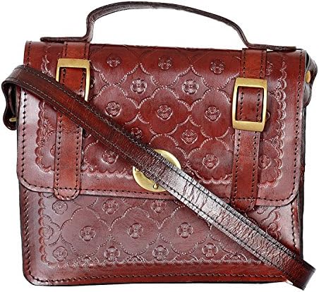 8 Inch Hand Carved & Embossed Crafted Satchel bag Leather messenger Hide & Top Finished vintage Crome Hardware Adjustable shoulder Strap Bag By Sparsh INC.