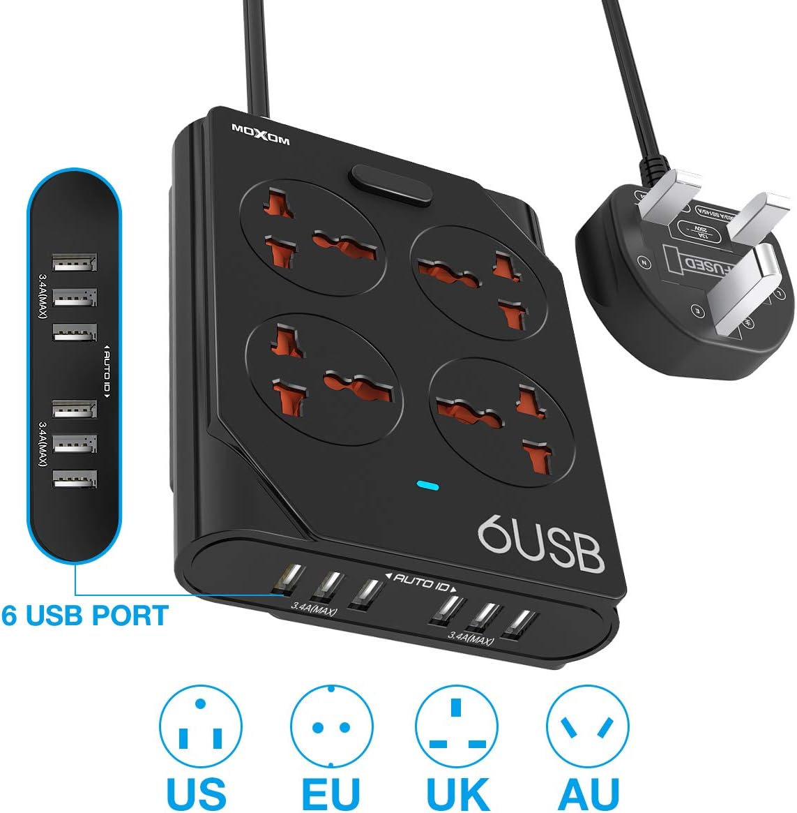 Extension Lead Universal Outlets with 6 USB Ports 4 Way Surge Protector Power Strip with 1.5m Bold Extension Cord Fuse and Shutter USB Plug Extension Charger Compact Power Socket Black