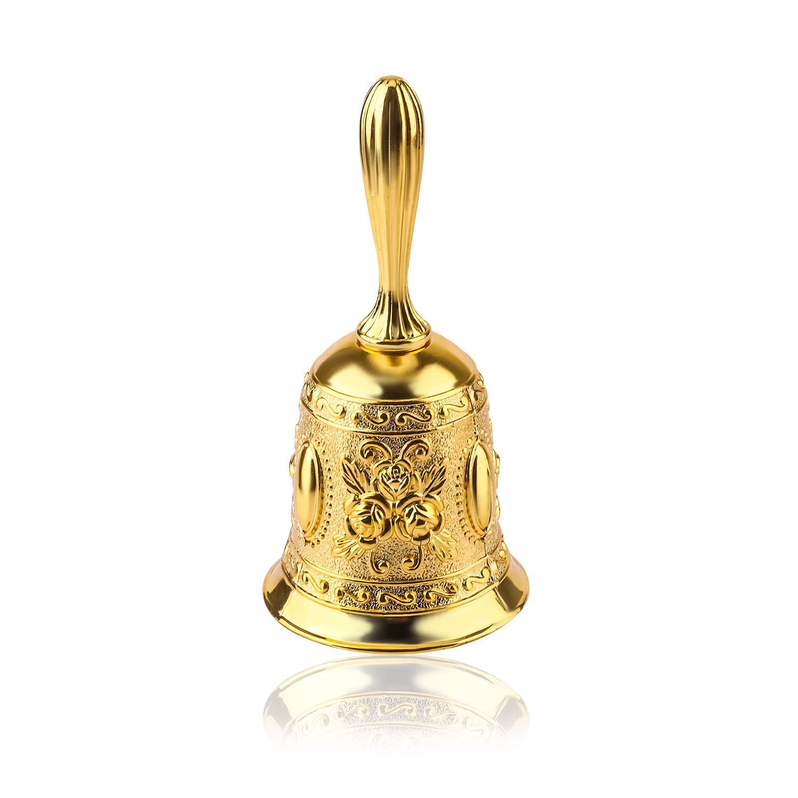 TOYMIS Decorative Hand Bell, Metal Elegant Carved Dinner Service Bell Christmas Bells for Wedding Ceremony Jingling Alarming Training (Gold)