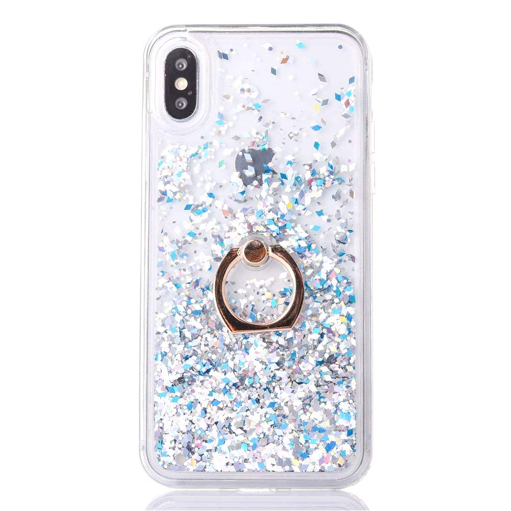 Mo-Somnus For iPhone XS Max Case [Free Tempered Glass Screen Protector], Flowing Liquid Floating Bling Shiny Sparkle Glitter Case Cover For iPhone XS Max 6.5" (Silver Blue)