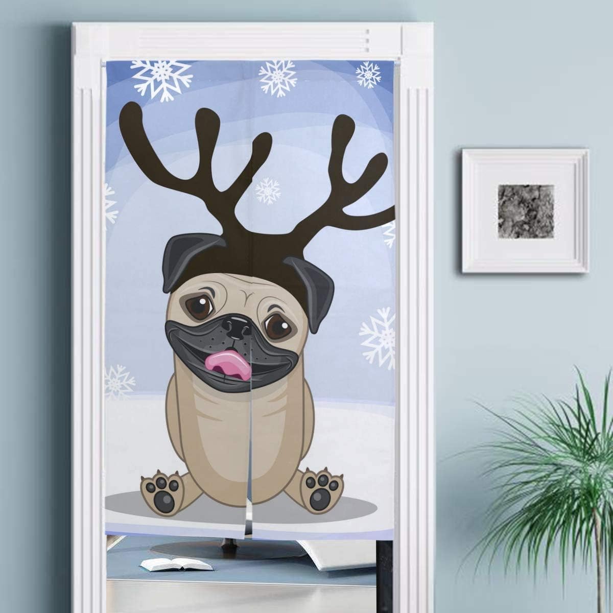 Amazon Tinzzeros のれん おしゃれ クリスマスイラスト漫画パグ犬の角 リビング カーテン 遮熱断熱 贈り物に 風情を添 半遮光 料理屋 かっこいい 無地和風 ショート 突っ張り棒付き 幅85 丈1 のれん オンライン通販