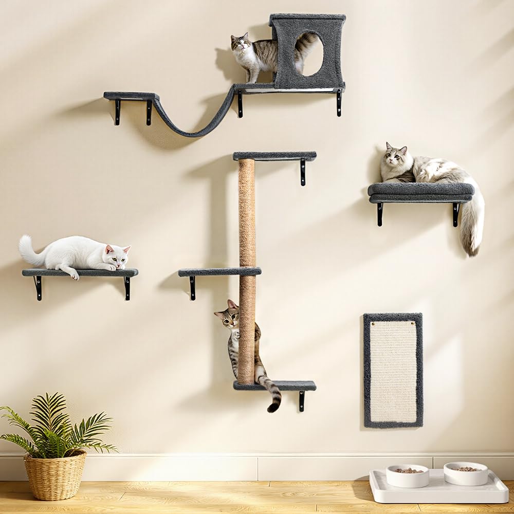 Photo 1 of PawGiant Cat Wall Shelves, 5-in-1 Cat Furniture Set, Wooden Cat Climber with Perches, Condo House, Bed, Scratching Post & Board for 16inch Drywall and Solid Wall