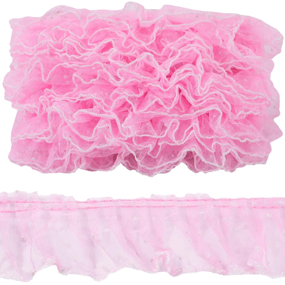 GORGECRAFT 10 Meters Ruffled Lace Trim 6cm Wide Pleated Embroidered Organza Lace Edge Ribbon Wedding Bridal Dress Appliques Patches Edging Trimmings for Handmade DIY Sewing Clothes Curtains Decor Pink