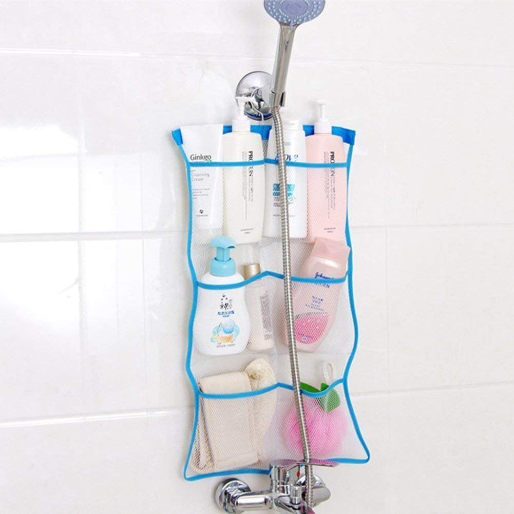 FishMM Mesh Bath Organizers for Shower with Hook, Quick Dry Hanging Shower Caddy College, Bath Storage with 6 Pockets for College Dorm Rooms, Bathroom