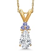 Gem Stone King 14K Yellow Gold White Moissanite and Blue Tanzanite Pendant Necklace for Women | 0.76 Cttw | Gemstone Birthstone | Pear Shape 7X5MM | With 18 Inch Chain