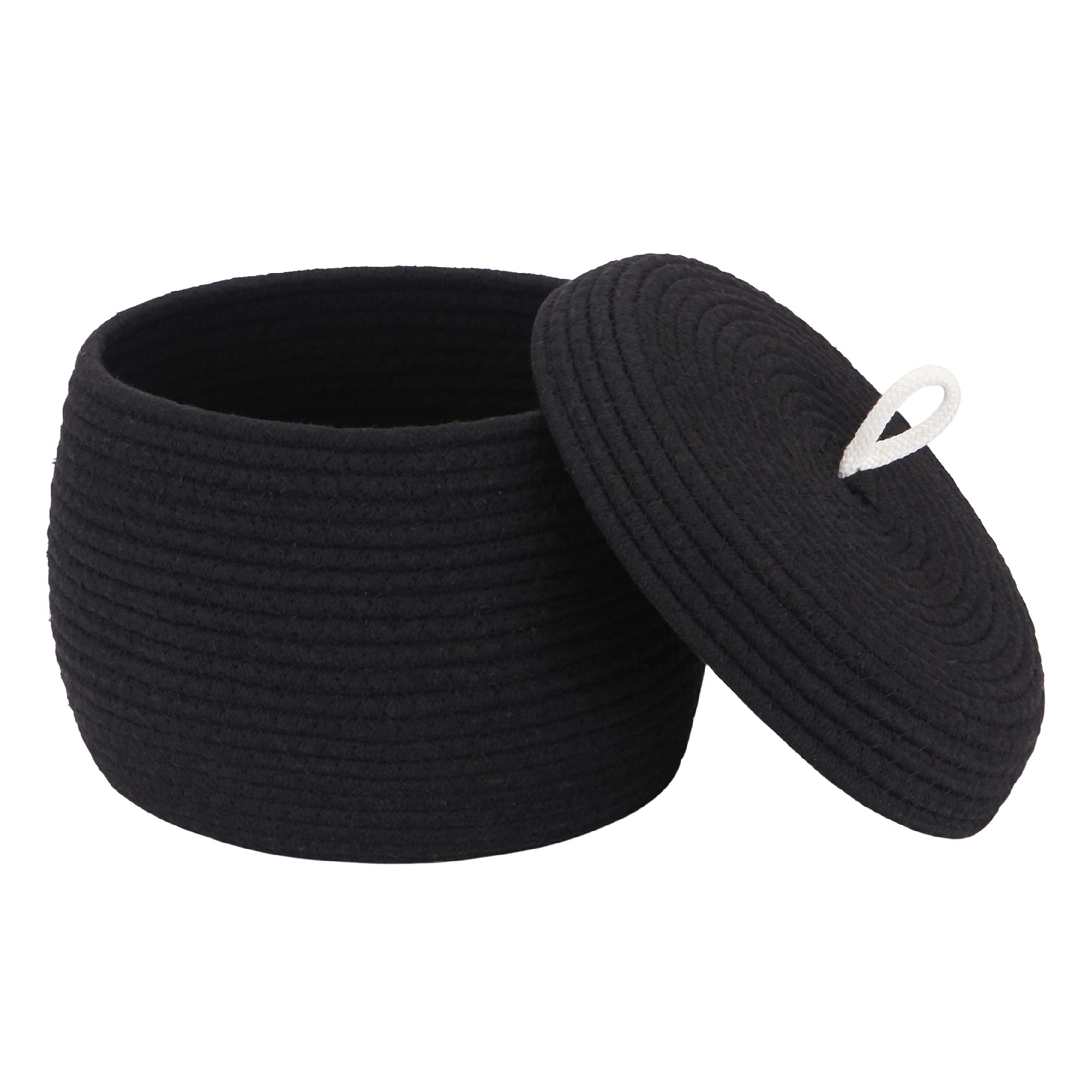 Sea Team Round Cotton Rope Storage Basket with Lid, Decorative Woven Storage Bin, Pot, Caddy, Organizer, Container for Snacks, Towels, Plants, 10 x 7.5 Inches (Small, Black)