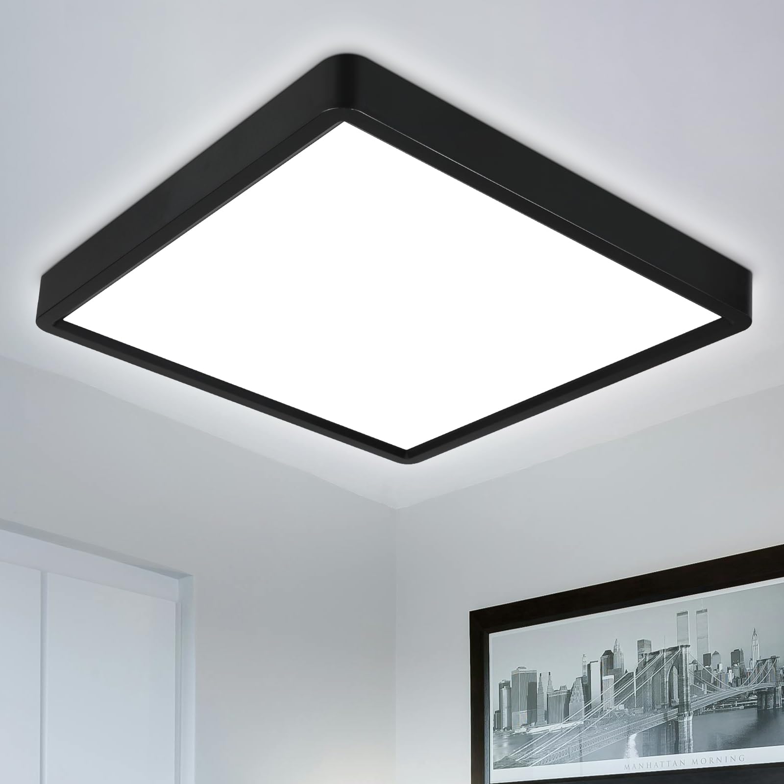 Defurhome LED Ceiling Light,24W 2200LM,150W Equivalent,5000K Daylight White,Waterproof IP54,Flush Square Modern Ceiling Light for Bathroom,Bedroom,Kitchen,Porch,Living Room,30cm(Black)