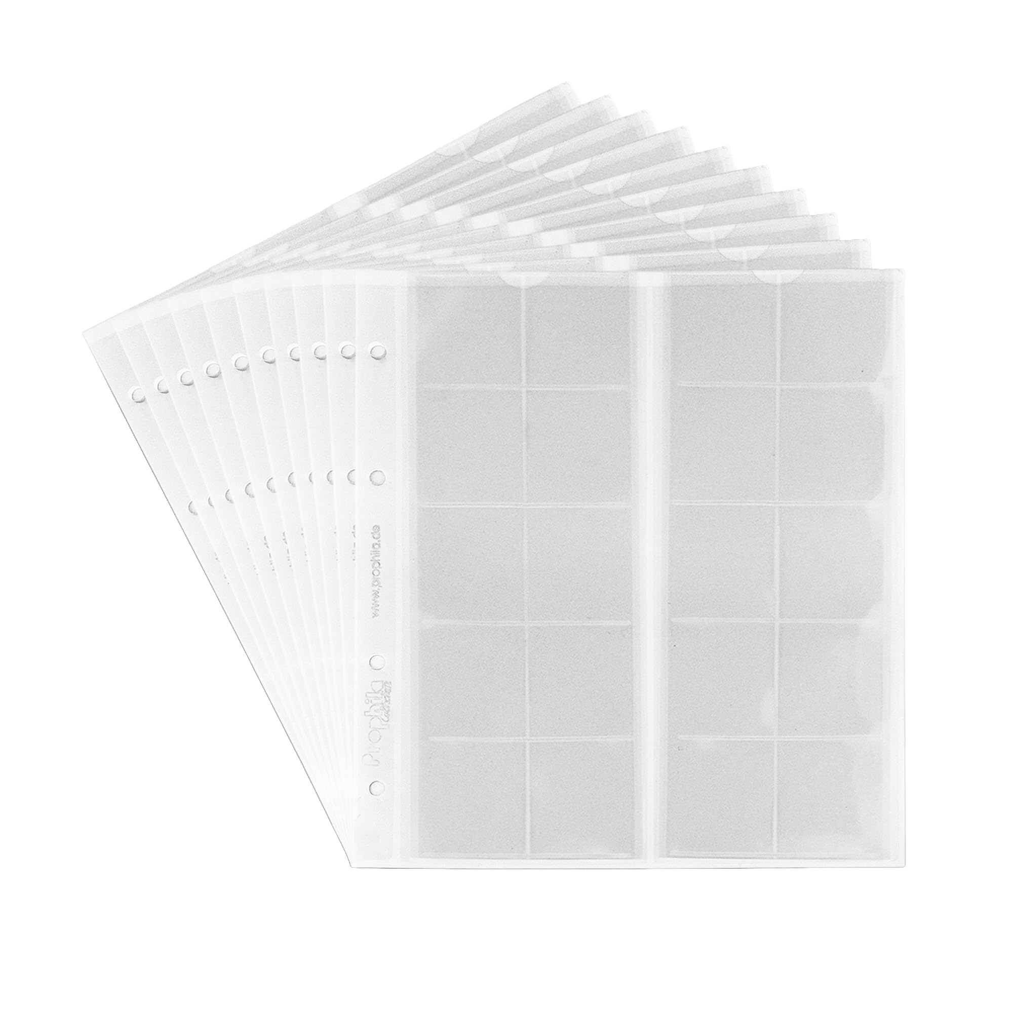 10 numismatic Prophila coin sheets, 20 pockets up to 34 mm Ø, e.g. 5 DM, 2 DM