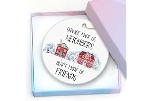DAKYZUKA Neighbor Christmas Ornament 2023-Chance Made Us Neighbor Heart Made Us Friends Friendship Gift for Neighbors Round Ceramic Ornament Xmas Present 3" Xmas Ornament with a Gift Box