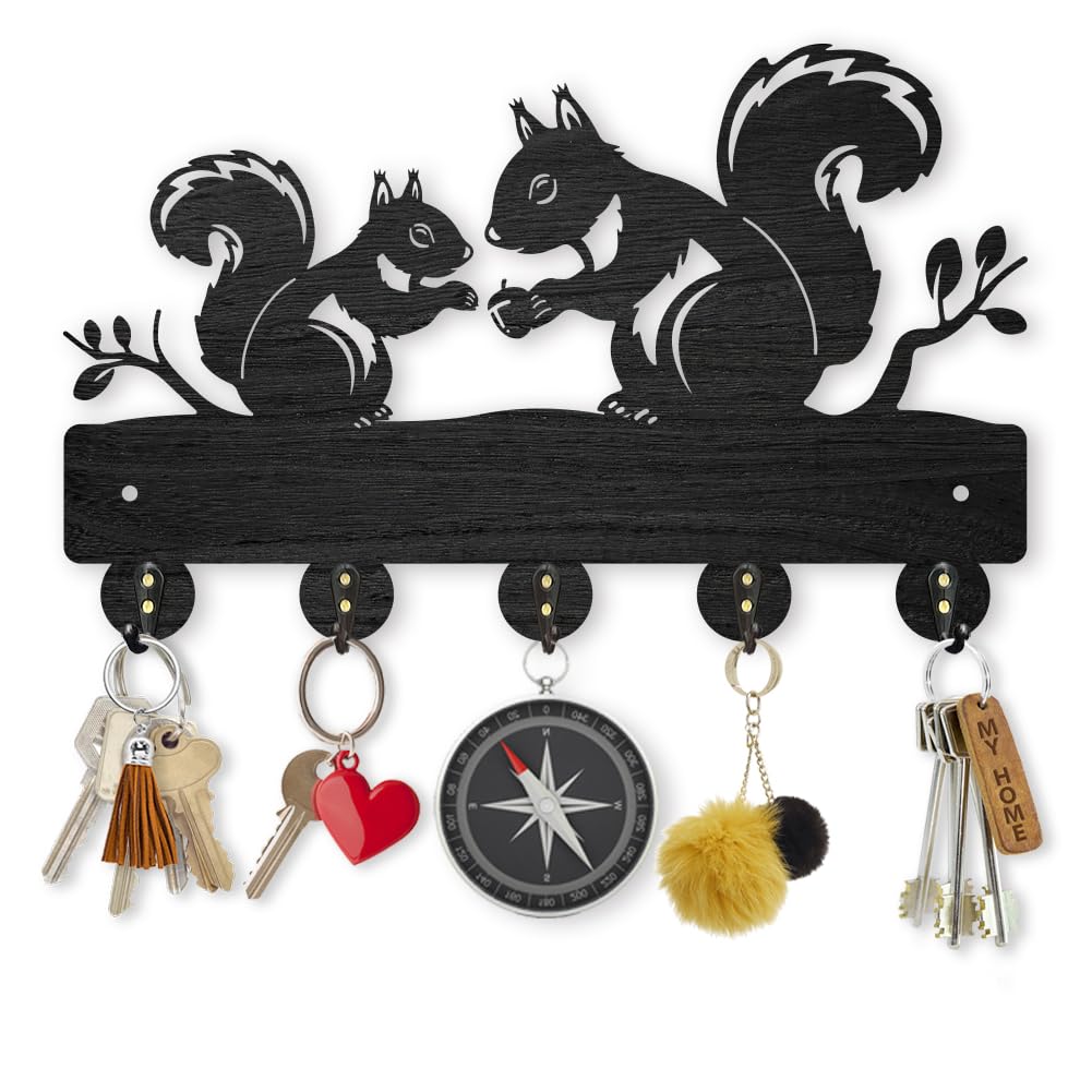MAYJOYDIY Squirrel Wooden Key Holder 5 Alloy Hooks Wall Mounted Key Hooks Rack Organizer Art Decor Gift for Entryway Front Door Hallway