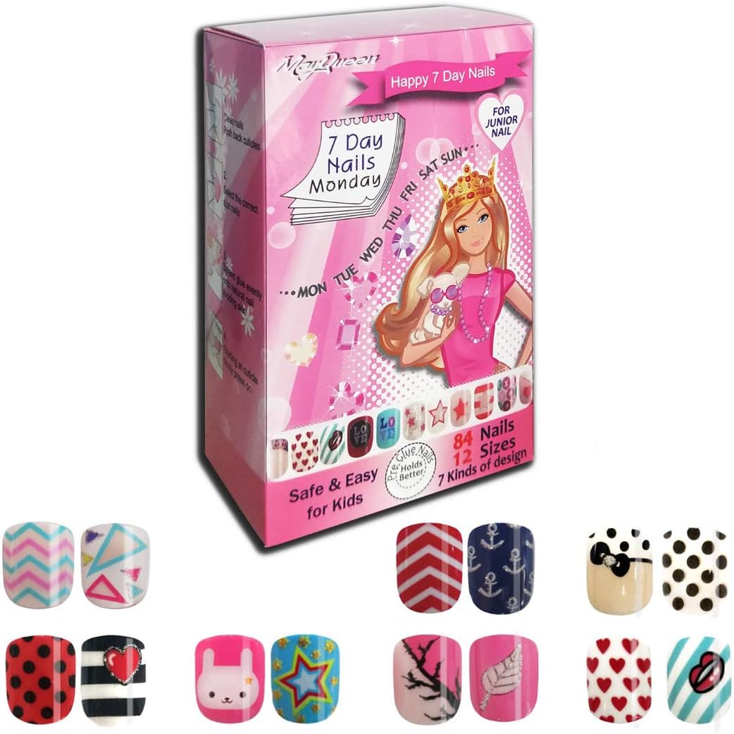 MayQueen 7PACK 84Tips 7Days Artificial Fake False Art Nails, Pre-Glued Sticker Nails For Kids (7Day Nail 2)