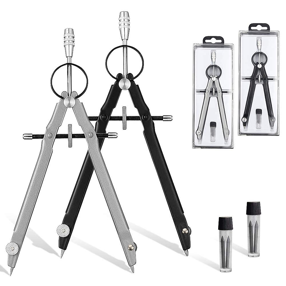 FYSL 2 Pcs Premium Professional Compass Geometry Compass Precision Compass Compasses for Maths, Drawing, Drafting Includes Extra Lead Refills
