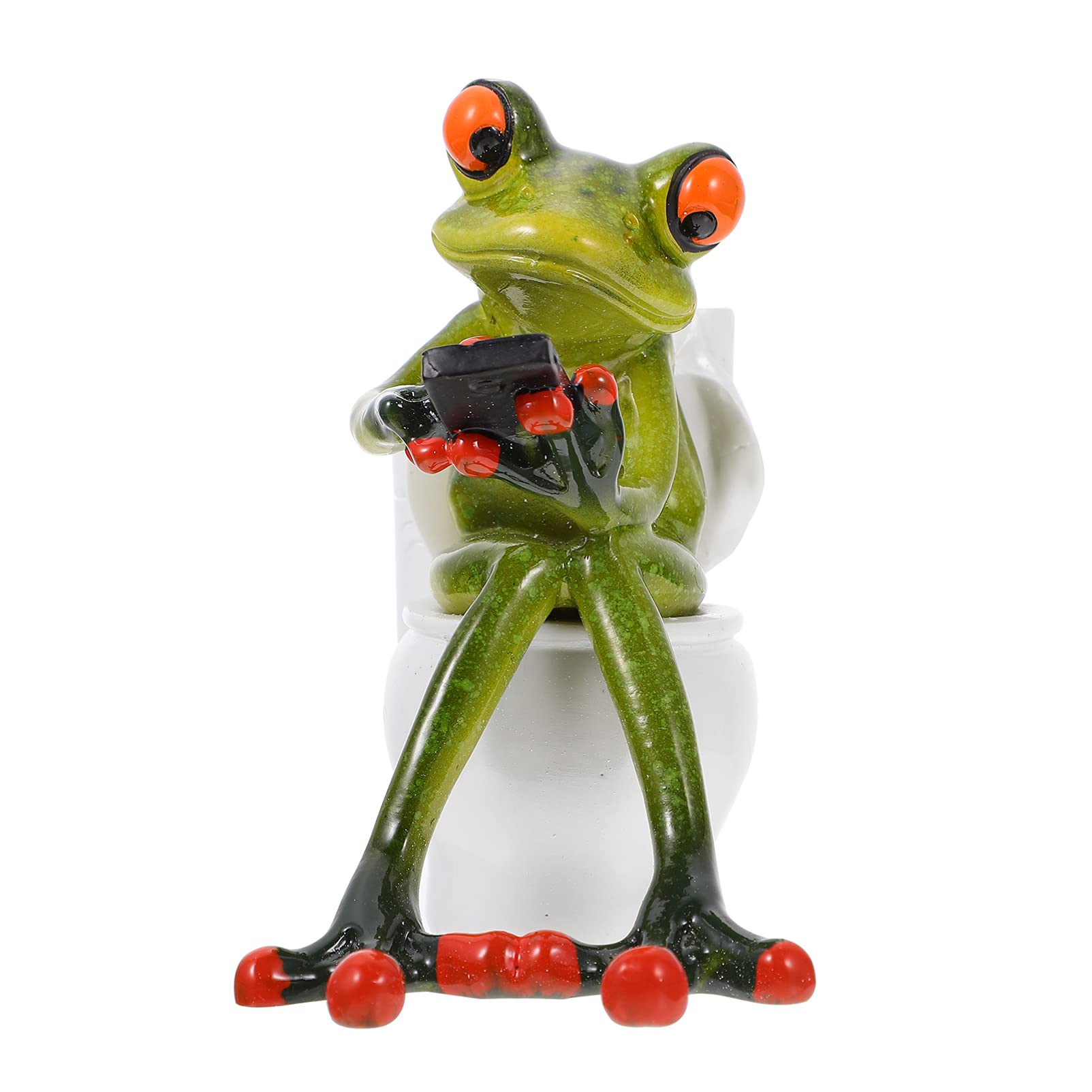 VOSAREA Frog Ornament Statues Decor Funny Desgin Adorable Sitting on Toilet and Texting Fairy Garden for Indoor Outdoor Home Desk Bathroom Decoration