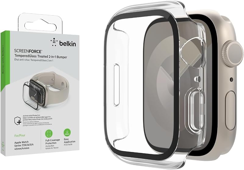 TemperedCurve Proteggi Schermo per Apple Watch Series 8 con Copertura da Bordo a Bordo e Bumper Protettivo, Pellicola per Schermo in Vetro Temprato, Accessori per Apple Watch, Trasparente