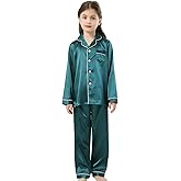 Pajamas Kid Unisex Pjs Set Girls Boys Silk Pajamas Set Satin Long Sleeve 2 Piece Clasic Sleepwear for 2-12 Years Todder