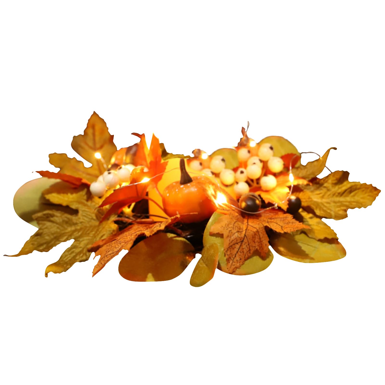 Photo 1 of 12 Inch Fall Candle Rings Wreaths, Small Autumn Wreath for Candlestick Decorative Rattan Garland with Maple Leaf Berries Pumpkin for Thanksgiving Halloween Table Fall Decor Centerpieces