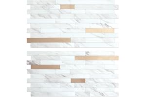 AULIGET 20 Sheets Faux Stone White Marble Peel and Stick Backsplash, PVC Mixed Metal Champagne Gold Wall Tile Stick on Backsp