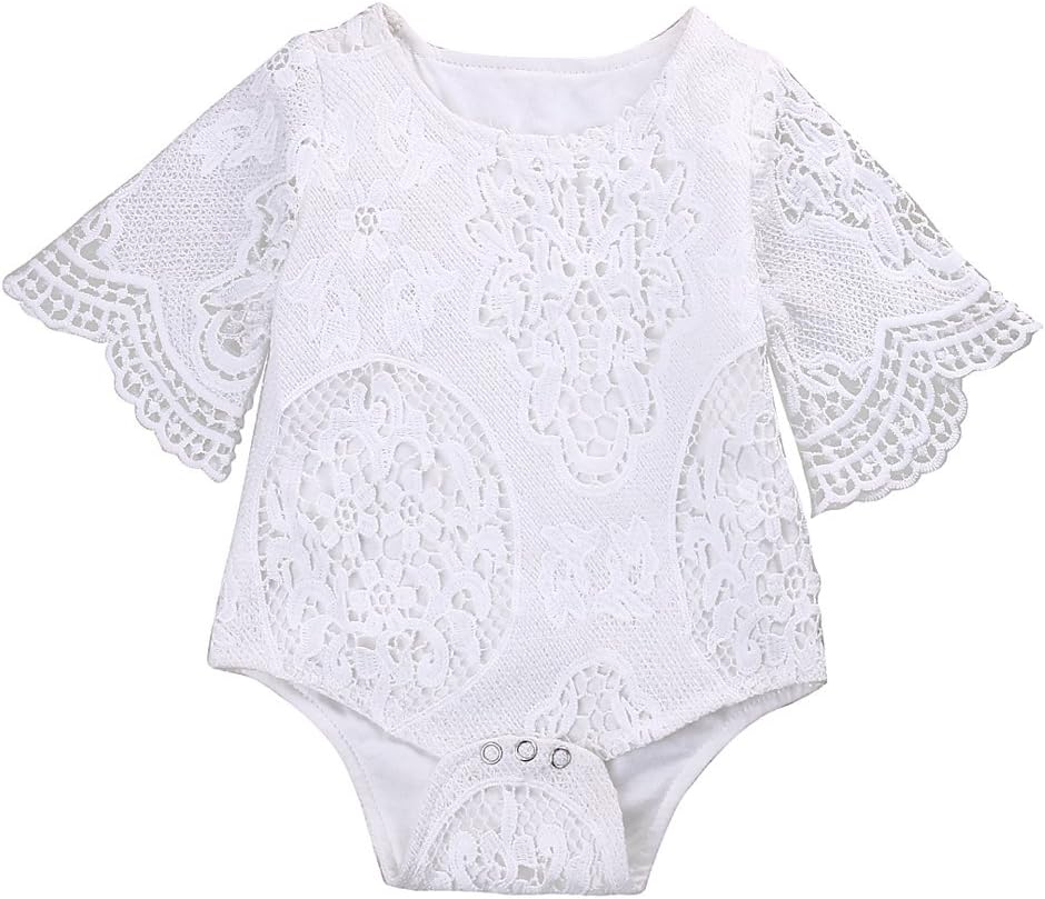 Infant Baby Girl White Hollow Ruffles Sleeve Lace Romper Sunsuit Bodysuit