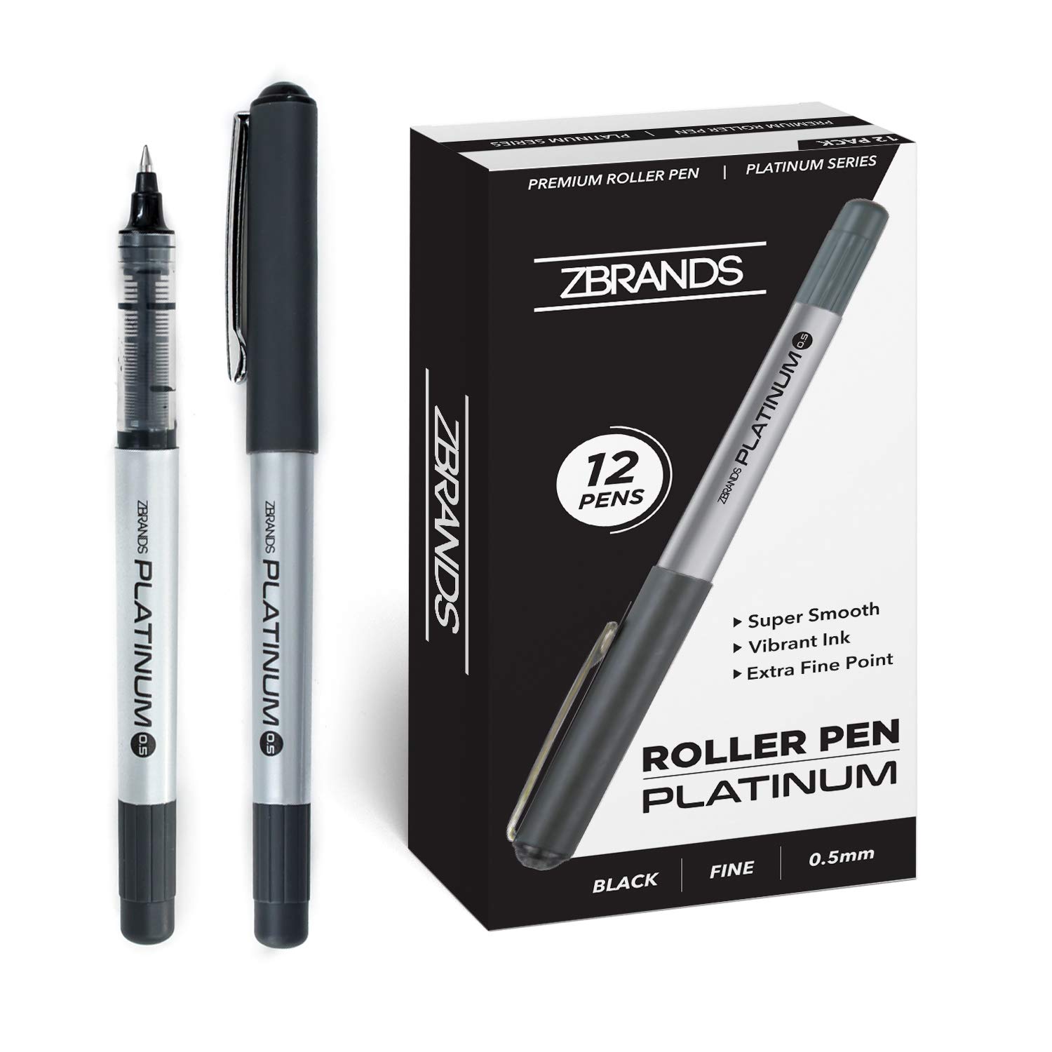 ZBRANDS Black Ink Pens, Liquid Ink Rollerball Pens, Micro Point (0.5mm), 12 Pens Multipack, Platinum Roller Ball Writing Pens Black Ink, Super Smooth Handwriting Pens Drawing Arts Crafts