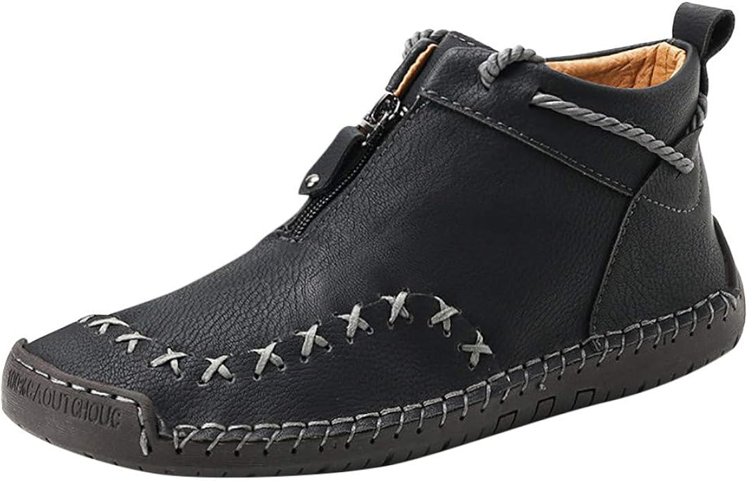 Mens Soft Leather Boots Zipper Loafer Boots Fashion Retro Solid Waterproof Slip On Shoes Mens