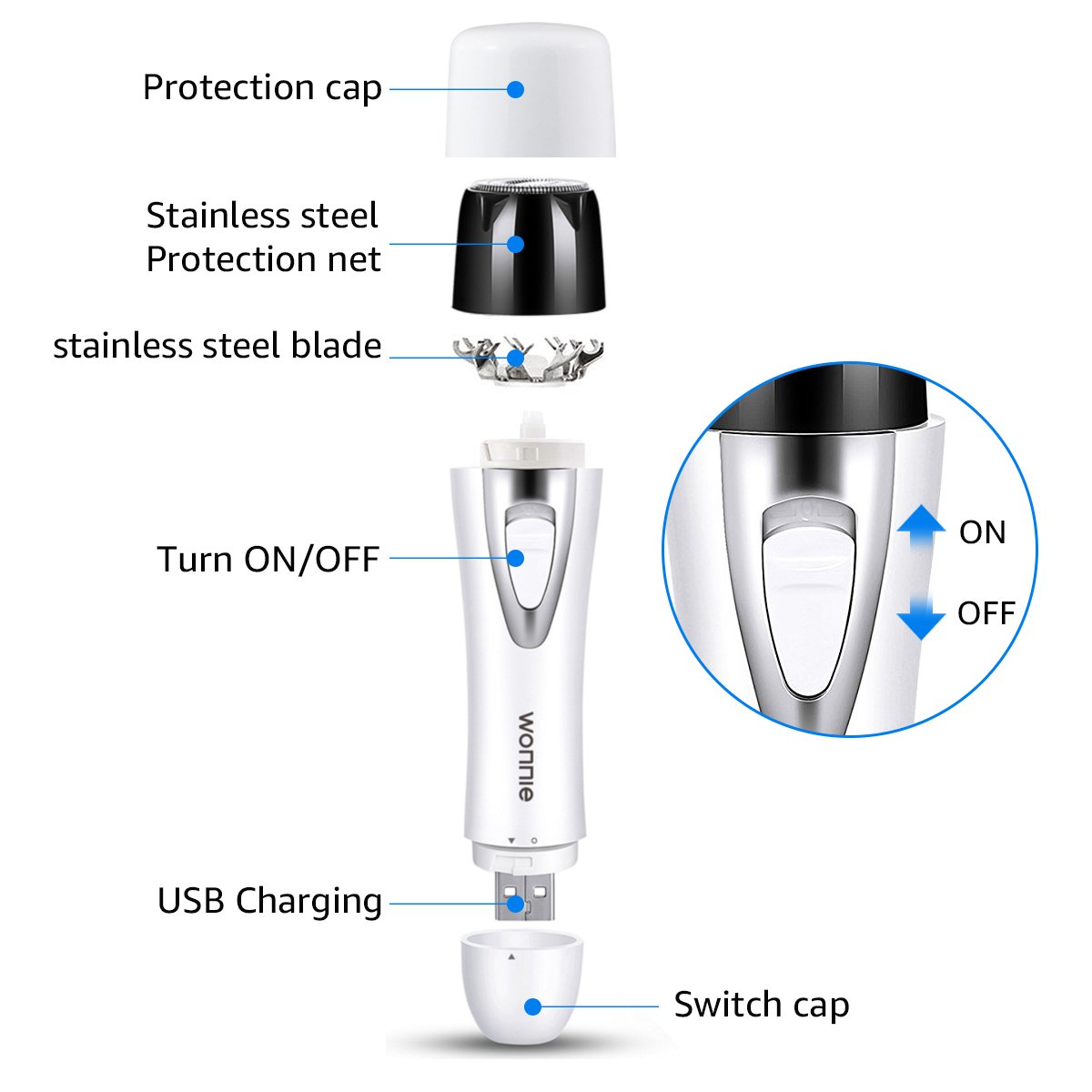 Lady Shaver 4 in 1 Facial Hair Removal for Women Painless Flawless Epilator Waterproof Electric Ladies Razor USB Rechargable Eyebrow Trimmer/Face Trimmer/Nose Hair Trimmer/Bikini Hair Trimmer White