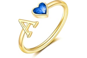 GLEZZA Stocking Stuffers - Initial Rings for Women Teen 14K Gold Plated Birthstone Rings Stackable Dainty Letter Rings Christmas Birthday Birthstone Jewelry Gifts for Mother Daughter,Adjustable Size 5-10