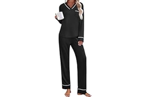 Ekouaer Women's Pajamas Sets 2 piece PJs V Neck Long Sleeve Sleepwear Comfy Pants Loungewear with Pocket