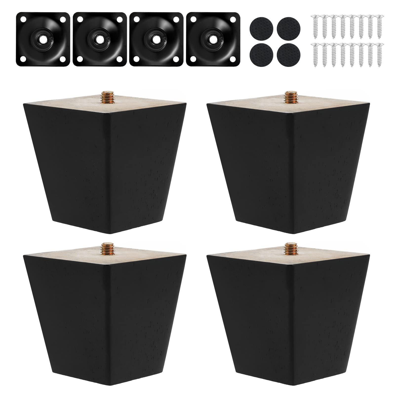 Knpwer 4 Pcs Wooden Furniture Legs,6 cm Solid Straight Wood Sofa Legs Replacement Furniture Feet with Mounting Plate, Screws and Anti Slip Mats
