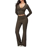 iGENJUN Women's 2 Piece Sets Long Sleeve V Neck Crop Top Wide Leg Tracksuits Casual Lounge Set Matching Sets Fall Outfits